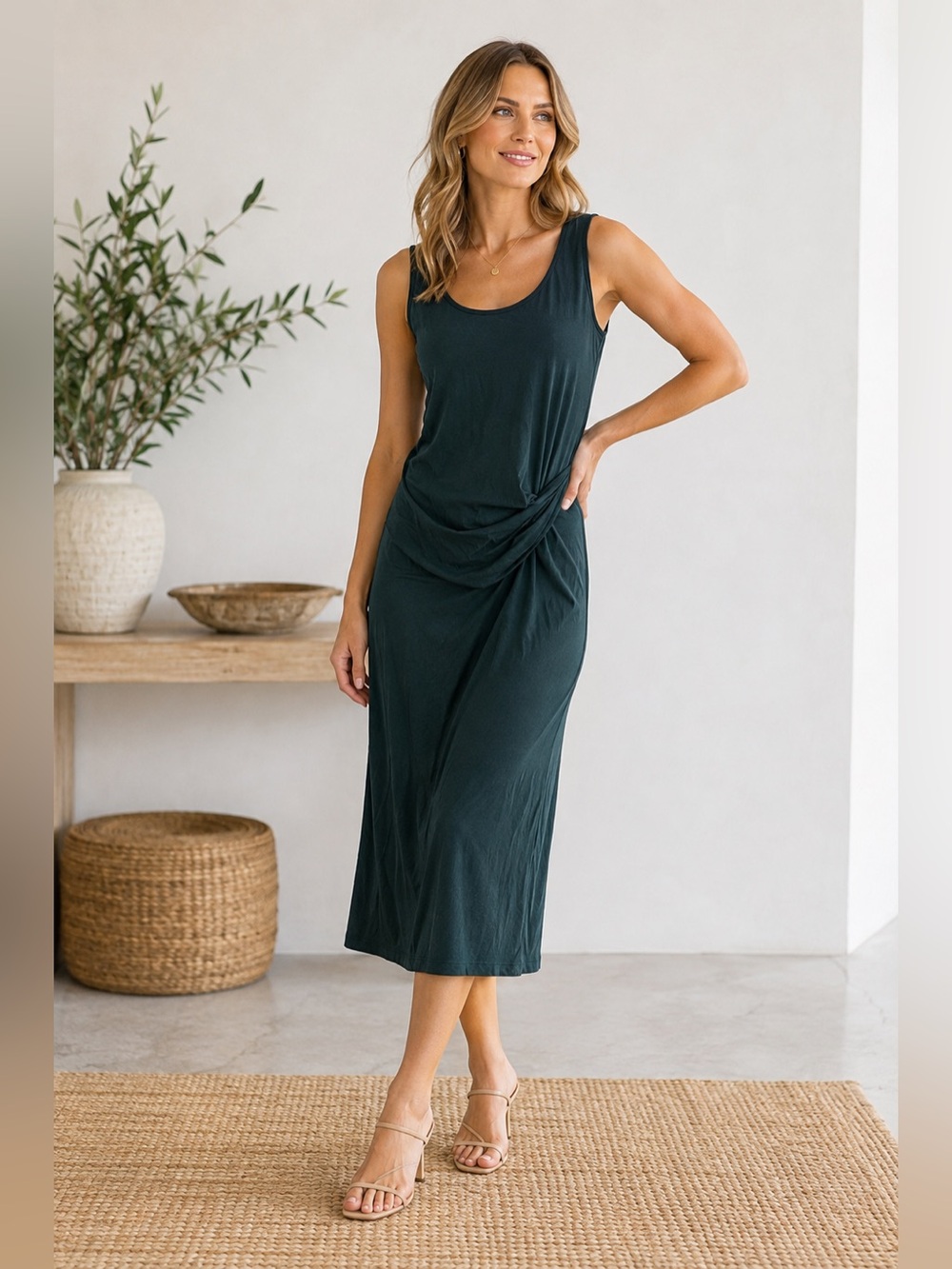 Theory Dark Teal Sleeveless Ruched Midi Dress Size Large